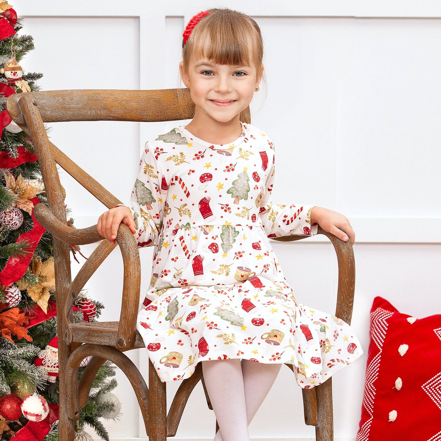 Girls’ Christmas Dress – Bamboo Holiday Tiered Twirl Dress - Noel