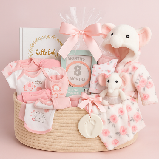 Premium Baby Girl Gift Basket – Newborn Layette Set with Onesies, Bibs, Memory Book, Milestone Blanket, Robe, & Plush Elephant