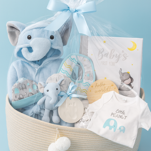Premium Baby Boy Gift Basket – Newborn Layette Set with Onesies, Bibs, Memory Book, Milestone Blanket, Robe, & Plush Elephant