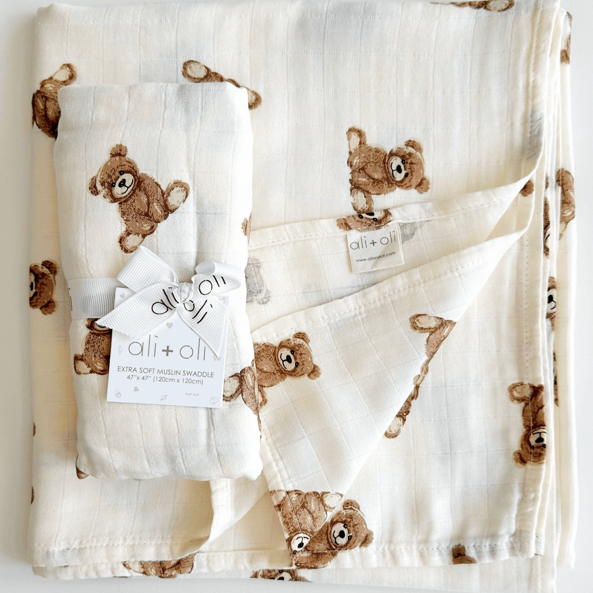 Teddy Bear Bamboo Muslin Swaddle Blanket | Baby Shower Gift, Newborn Essentials