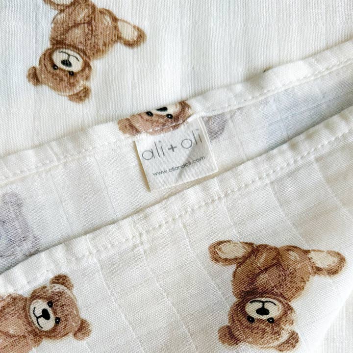 Teddy Bear Bamboo Muslin Swaddle Blanket | Baby Shower Gift, Newborn Essentials