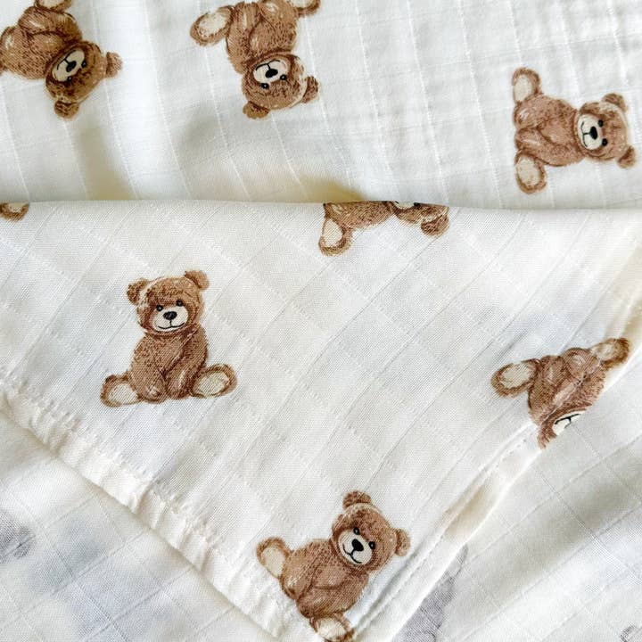 Teddy Bear Bamboo Muslin Swaddle Blanket | Baby Shower Gift, Newborn Essentials