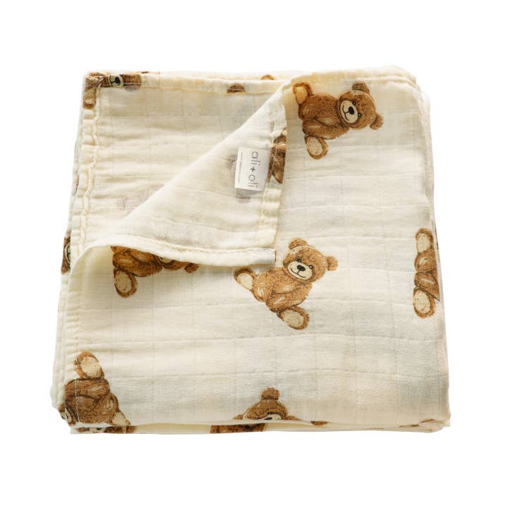 Teddy Bear Bamboo Muslin Swaddle Blanket | Baby Shower Gift, Newborn Essentials