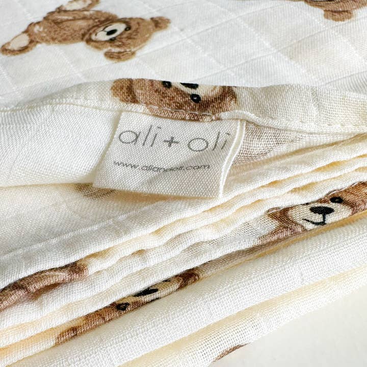Teddy Bear Bamboo Muslin Swaddle Blanket | Baby Shower Gift, Newborn Essentials
