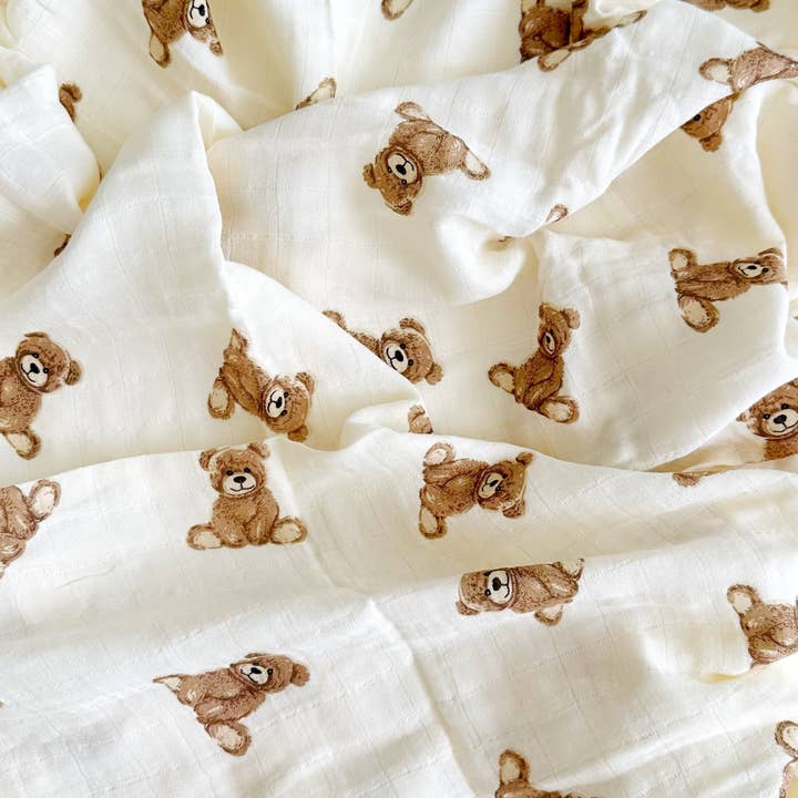 Teddy Bear Bamboo Muslin Swaddle Blanket | Baby Shower Gift, Newborn Essentials