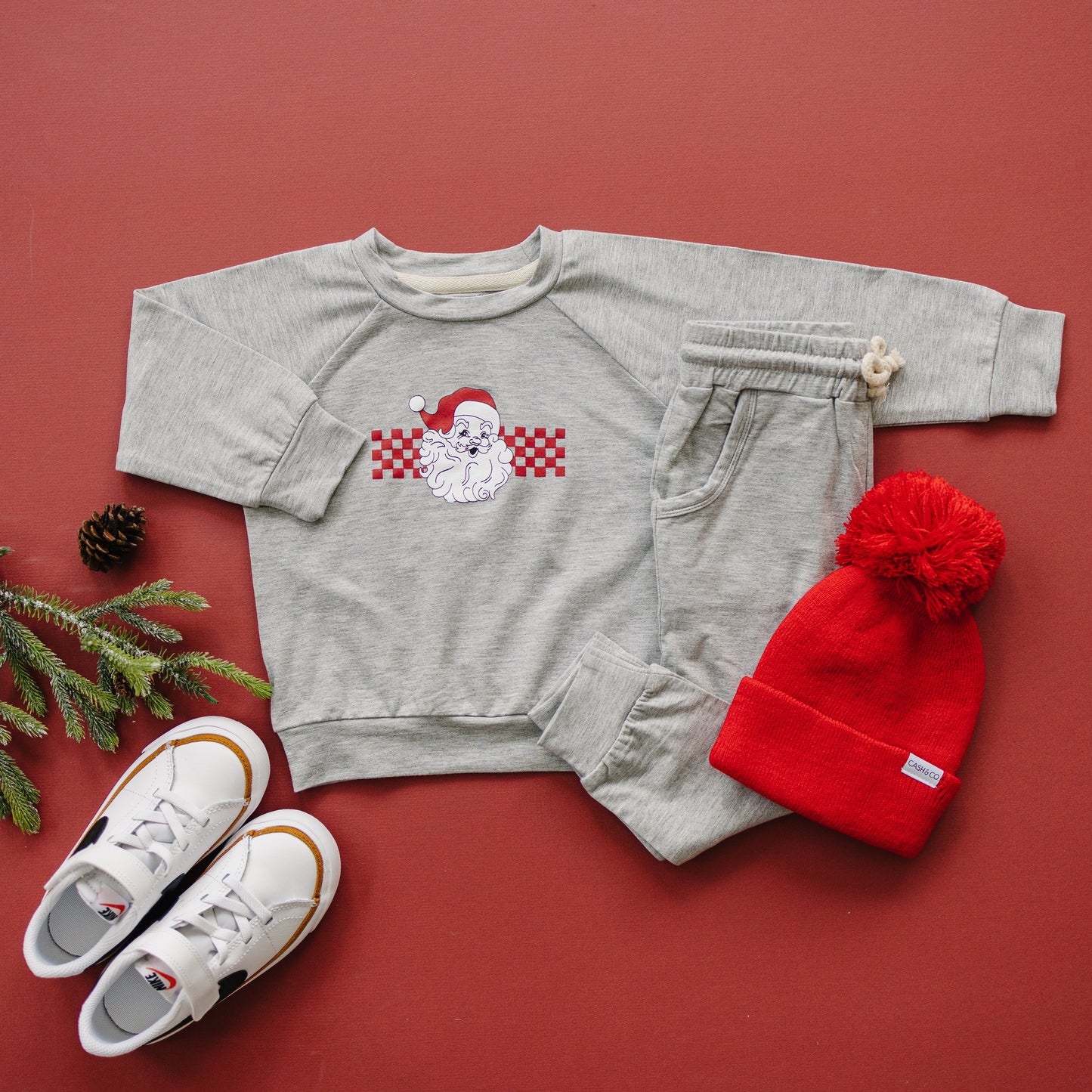 Checkered Santa Christmas Bamboo Crewneck & Jogger Set