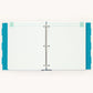 A two-ring binder planner or agenda with white patterned pages and bright teal blue dotted side borders, shown against a plain white background.