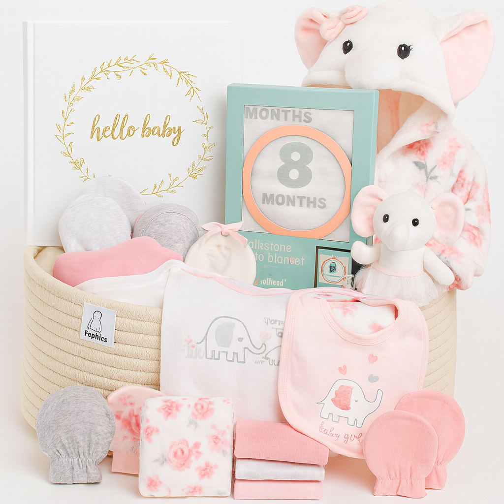 Premium Baby Girl Gift Basket – Newborn Layette Set with Onesies, Bibs, Memory Book, Milestone Blanket, Robe, & Plush Elephant