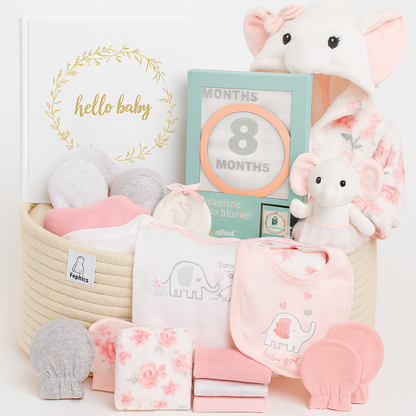 Premium Baby Girl Gift Basket – Newborn Layette Set with Onesies, Bibs, Memory Book, Milestone Blanket, Robe, & Plush Elephant