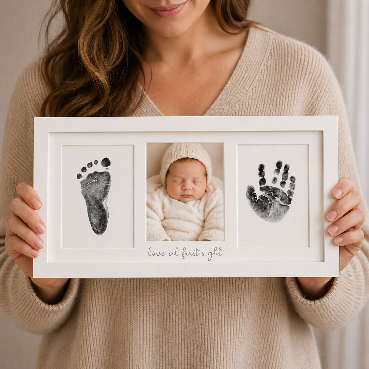 Baby Handprint and Footprint Keepsake Frame - 3-Panel "Love at first sight" Design