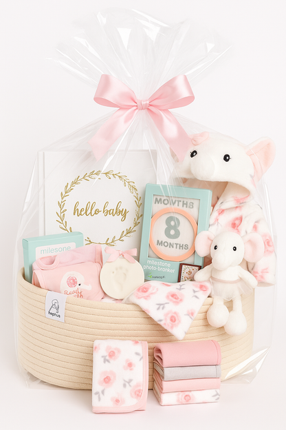 Premium Baby Girl Gift Basket – Newborn Layette Set with Onesies, Bibs, Memory Book, Milestone Blanket, Robe, & Plush Elephant