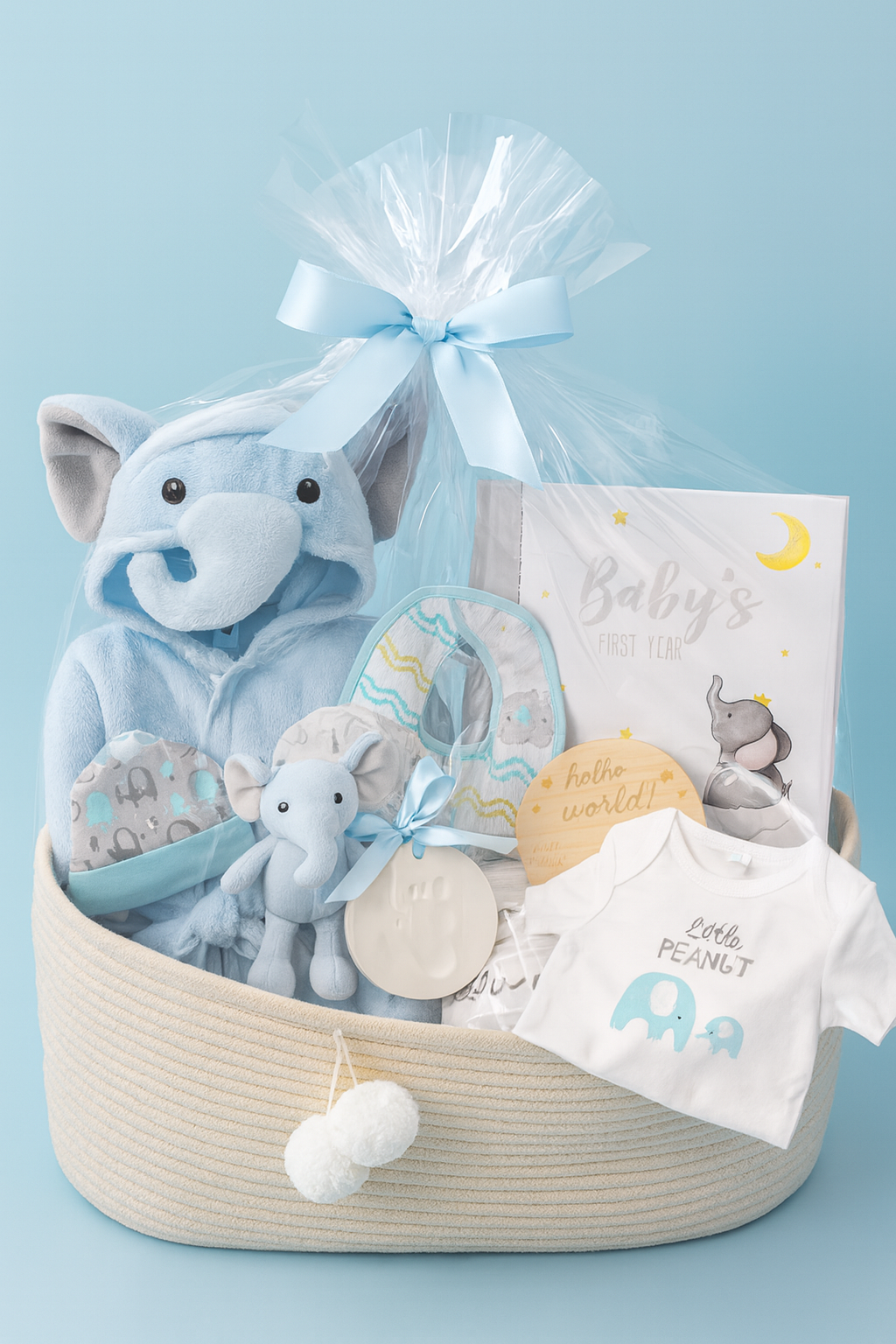 Premium Baby Boy Gift Basket – Newborn Layette Set with Onesies, Bibs, Memory Book, Milestone Blanket, Robe, & Plush Elephant