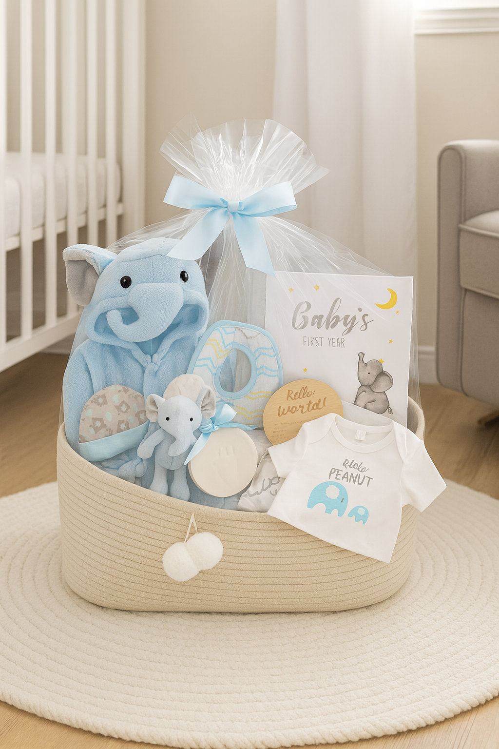Premium Baby Boy Gift Basket – Newborn Layette Set with Onesies, Bibs, Memory Book, Milestone Blanket, Robe, & Plush Elephant