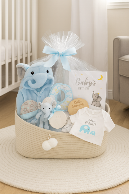 Premium Baby Boy Gift Basket – Newborn Layette Set with Onesies, Bibs, Memory Book, Milestone Blanket, Robe, & Plush Elephant