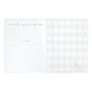 A white baby milestone tracker and photo album shown open, featuring lined spaces for writing and a light gray gingham pattern on the cover, with a small smiling crescent moon illustration in the bottom right corner.