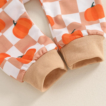 Baby & Toddler Thanksgiving Outfit Set – Checkered Pumpkin Print Long Sleeve Top + Pants