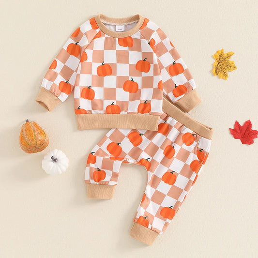 Baby & Toddler Thanksgiving Outfit Set – Checkered Pumpkin Print Long Sleeve Top + Pants