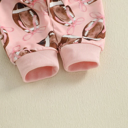 Baby Toddler Girls 2Pcs Fall Outfit Football Bow Print Crew Neck Long Sleeve Top with Pants Jogger Set