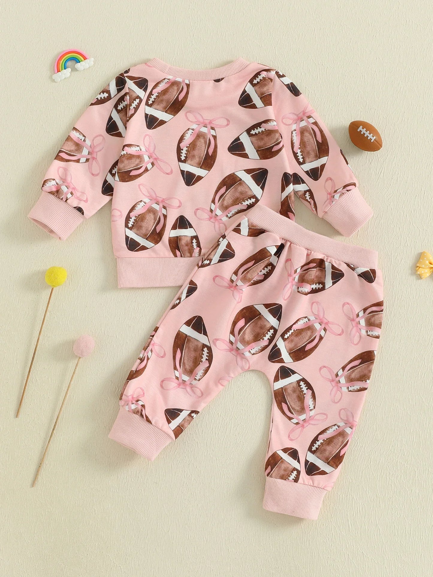 Baby Toddler Girls 2Pcs Fall Outfit Football Bow Print Crew Neck Long Sleeve Top with Pants Jogger Set