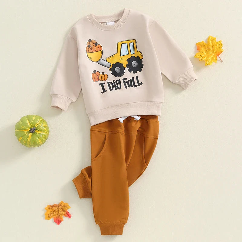 “I Dig Fall” Baby Boy Outfit – Tractor & Pumpkin Print Long Sleeve Top + Pants Set