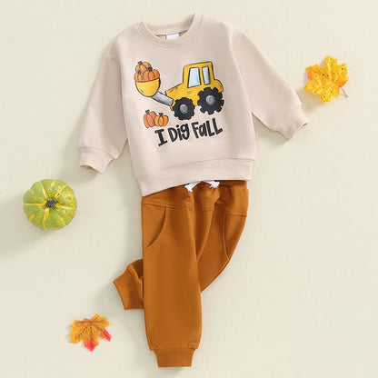 “I Dig Fall” Baby Boy Outfit – Tractor & Pumpkin Print Long Sleeve Top + Pants Set