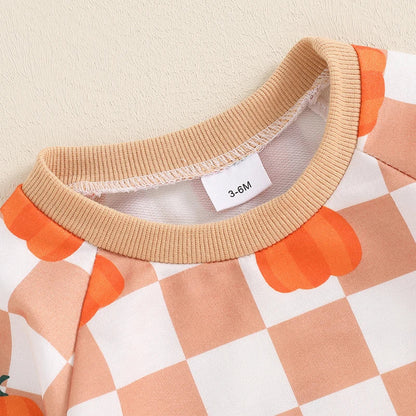 Baby & Toddler Thanksgiving Outfit Set – Checkered Pumpkin Print Long Sleeve Top + Pants
