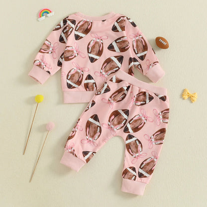 Baby Toddler Girls 2Pcs Fall Outfit Football Bow Print Crew Neck Long Sleeve Top with Pants Jogger Set