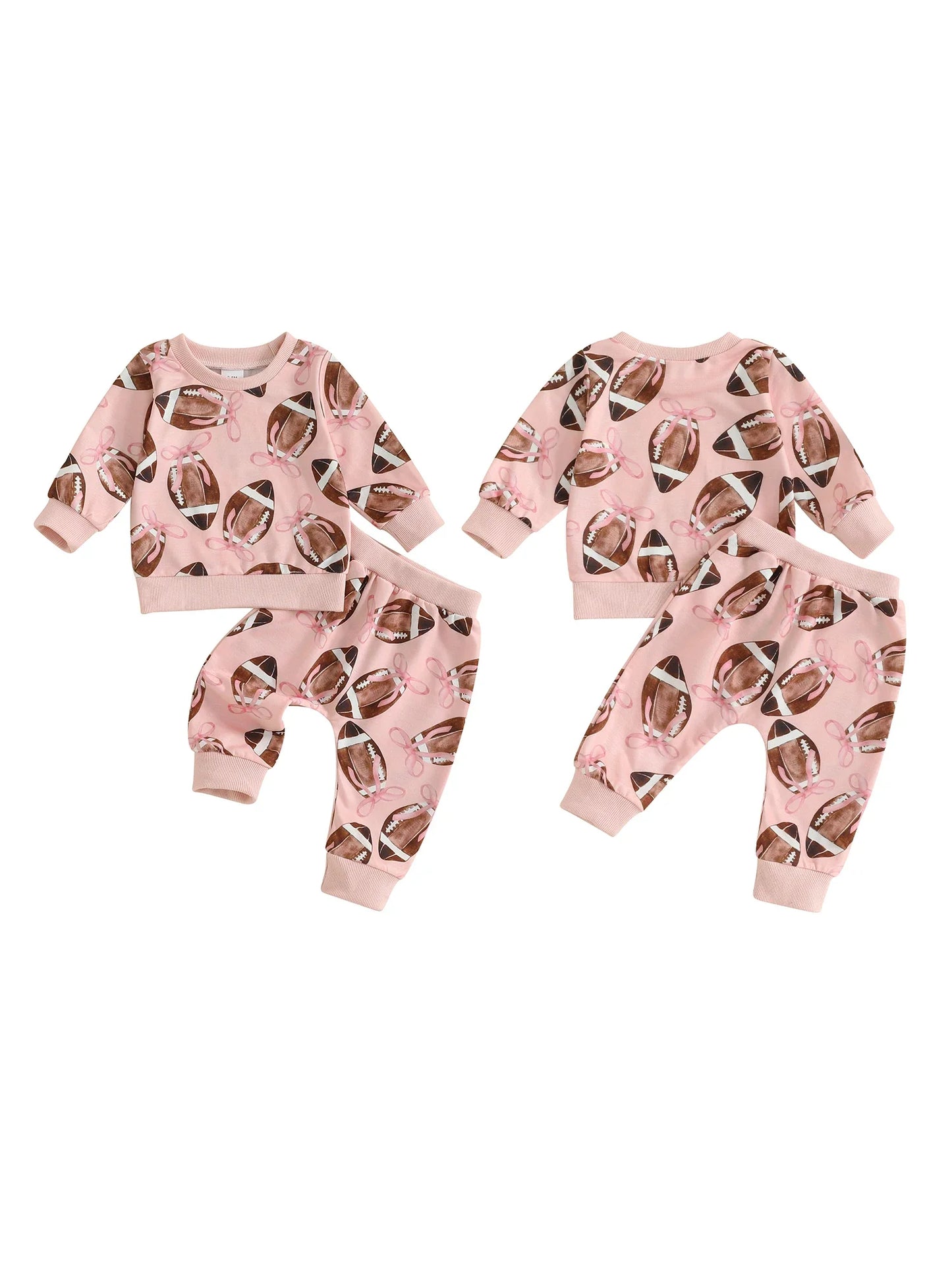 Baby Toddler Girls 2Pcs Fall Outfit Football Bow Print Crew Neck Long Sleeve Top with Pants Jogger Set
