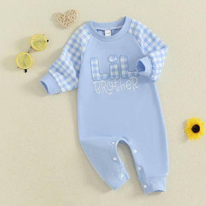 Baby Toddler Boy Lil Brother Fall Romper Plaid Print Letter Embroidery Long Sleeve Round Neck Full Length Jumpsuit