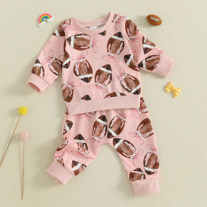 Baby Toddler Girls 2Pcs Fall Outfit Football Bow Print Crew Neck Long Sleeve Top with Pants Jogger Set