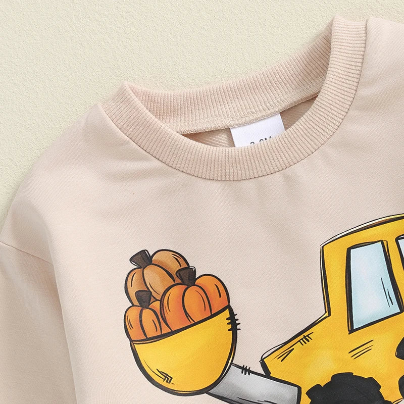 “I Dig Fall” Baby Boy Outfit – Tractor & Pumpkin Print Long Sleeve Top + Pants Set