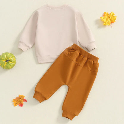 “I Dig Fall” Baby Boy Outfit – Tractor & Pumpkin Print Long Sleeve Top + Pants Set