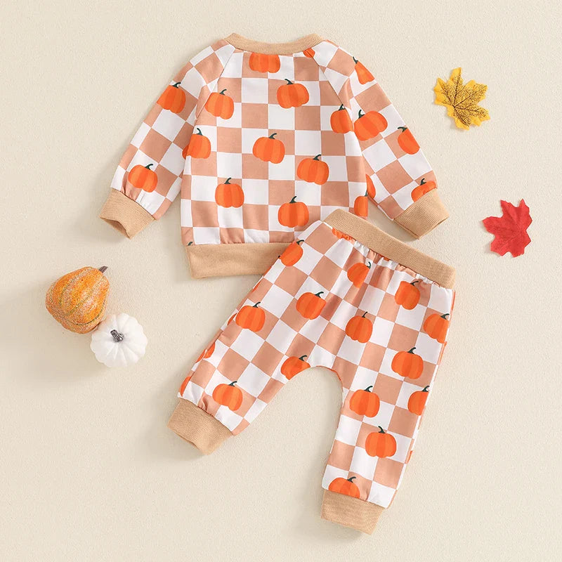 Baby & Toddler Thanksgiving Outfit Set – Checkered Pumpkin Print Long Sleeve Top + Pants