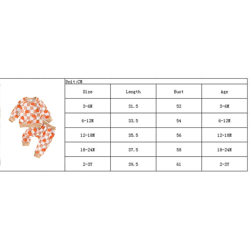 Baby & Toddler Thanksgiving Outfit Set – Checkered Pumpkin Print Long Sleeve Top + Pants