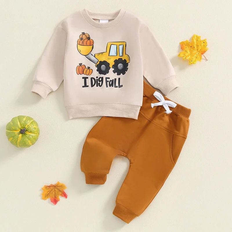 “I Dig Fall” Baby Boy Outfit – Tractor & Pumpkin Print Long Sleeve Top + Pants Set