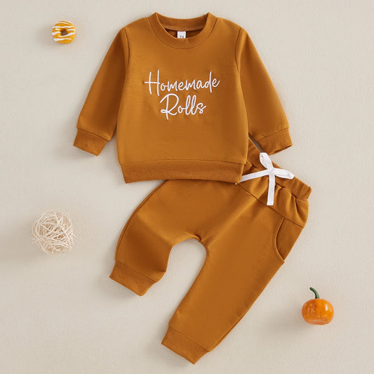 “Homemade Rolls” Baby Fall Outfit – Long Sleeve Embroidered Top + Pants Set