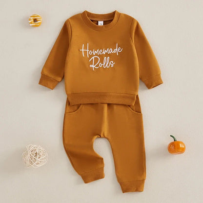 “Homemade Rolls” Baby Fall Outfit – Long Sleeve Embroidered Top + Pants Set