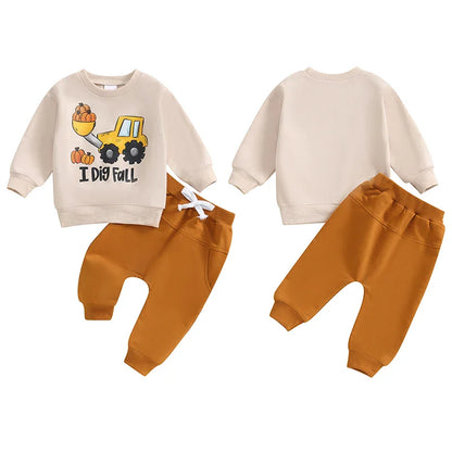 “I Dig Fall” Baby Boy Outfit – Tractor & Pumpkin Print Long Sleeve Top + Pants Set