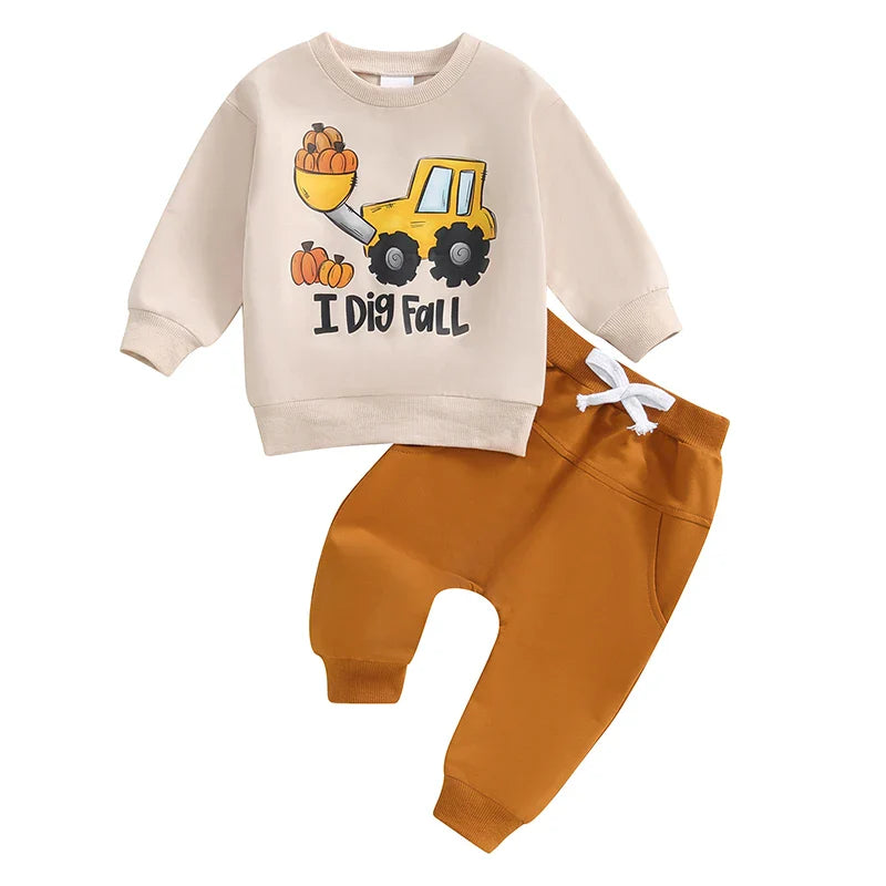 “I Dig Fall” Baby Boy Outfit – Tractor & Pumpkin Print Long Sleeve Top + Pants Set