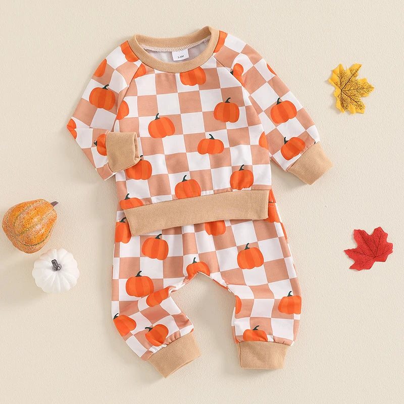 Baby & Toddler Thanksgiving Outfit Set – Checkered Pumpkin Print Long Sleeve Top + Pants