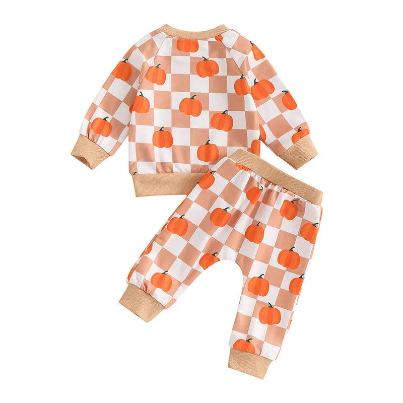 Baby & Toddler Thanksgiving Outfit Set – Checkered Pumpkin Print Long Sleeve Top + Pants