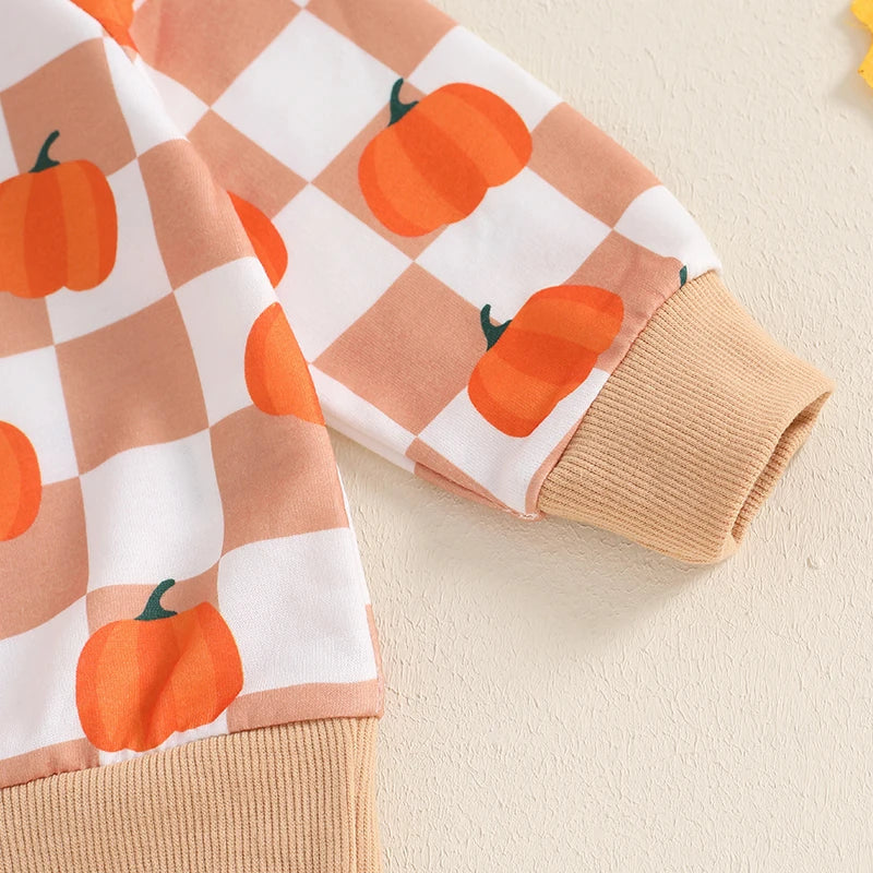 Baby & Toddler Thanksgiving Outfit Set – Checkered Pumpkin Print Long Sleeve Top + Pants