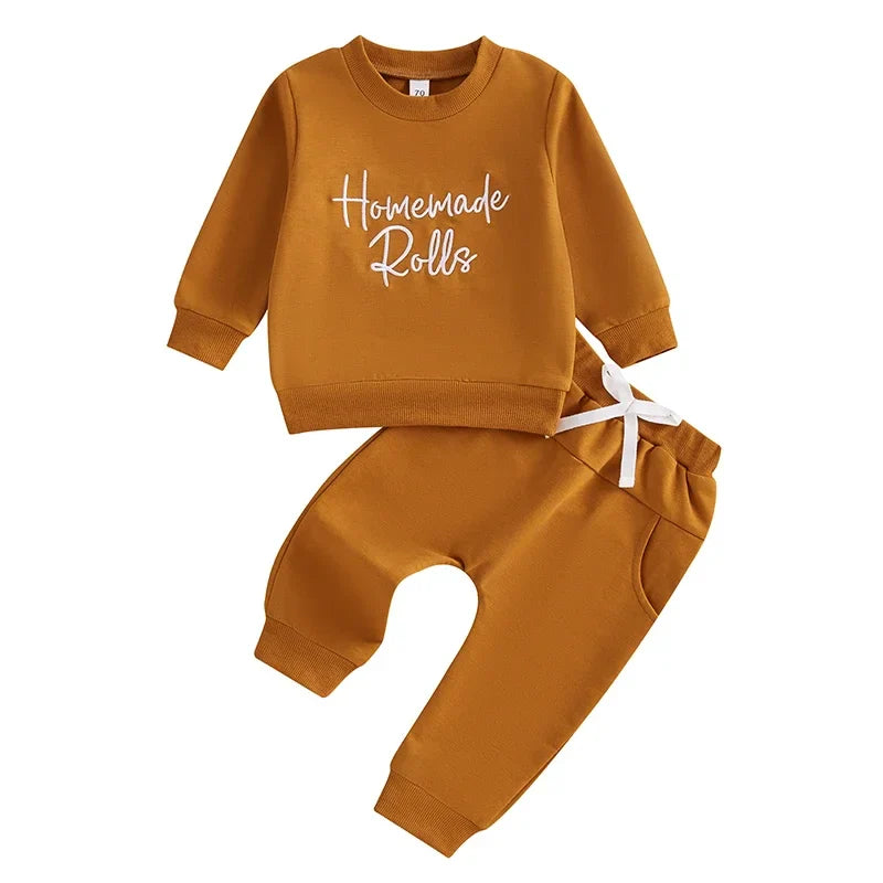 “Homemade Rolls” Baby Fall Outfit – Long Sleeve Embroidered Top + Pants Set