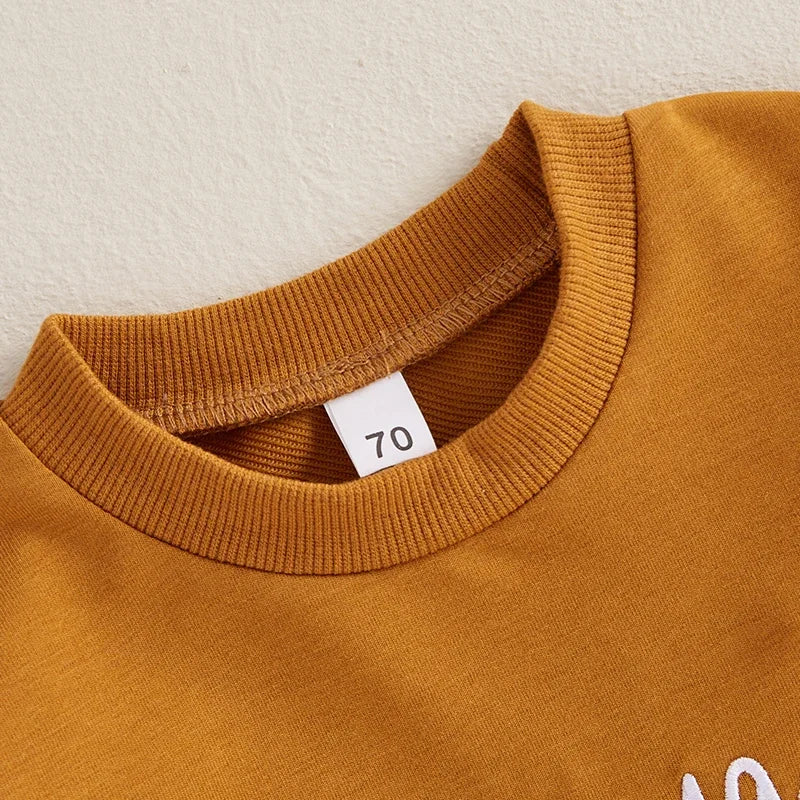 “Homemade Rolls” Baby Fall Outfit – Long Sleeve Embroidered Top + Pants Set