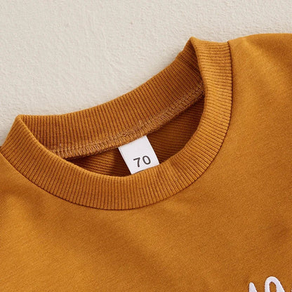 “Homemade Rolls” Baby Fall Outfit – Long Sleeve Embroidered Top + Pants Set