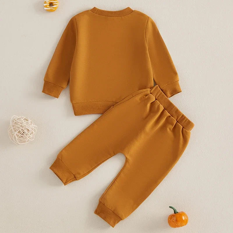 “Homemade Rolls” Baby Fall Outfit – Long Sleeve Embroidered Top + Pants Set