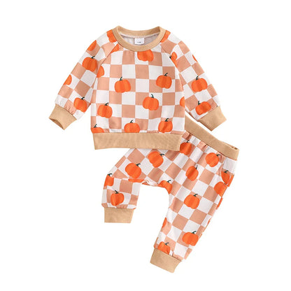 Baby & Toddler Thanksgiving Outfit Set – Checkered Pumpkin Print Long Sleeve Top + Pants
