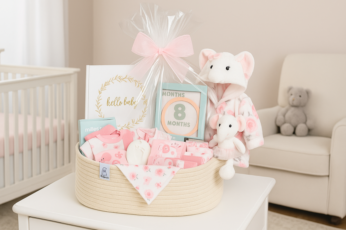 Premium Baby Girl Gift Basket – Newborn Layette Set with Onesies, Bibs, Memory Book, Milestone Blanket, Robe, & Plush Elephant