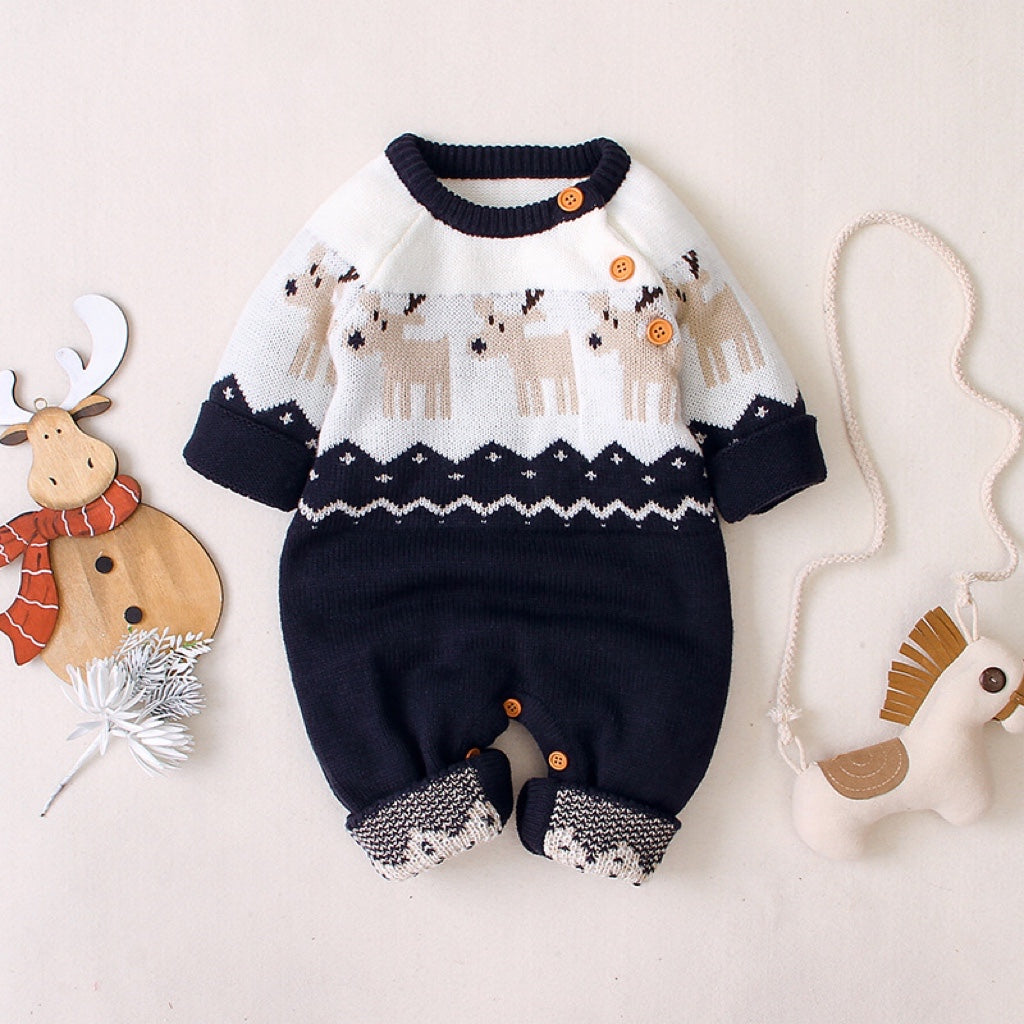 Baby Christmas Reindeer Pattern Shoulder Button Design Sweater Rompers
