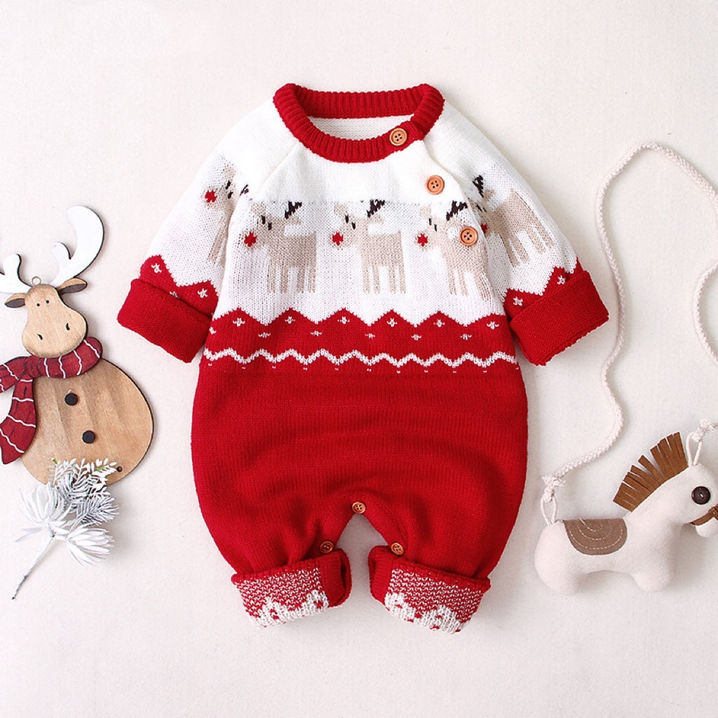 Baby Christmas Reindeer Pattern Shoulder Button Design Sweater Rompers